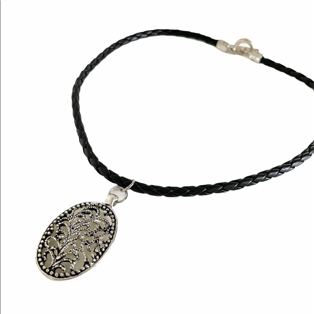 Black Braided Medallion Necklace - Picture 2 of 11